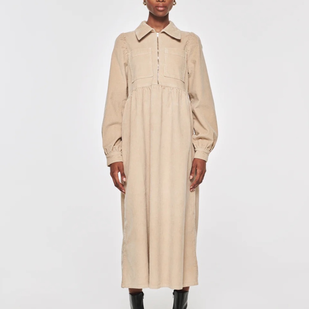 Aligne Corduroy Long Sleeve Beige Dress